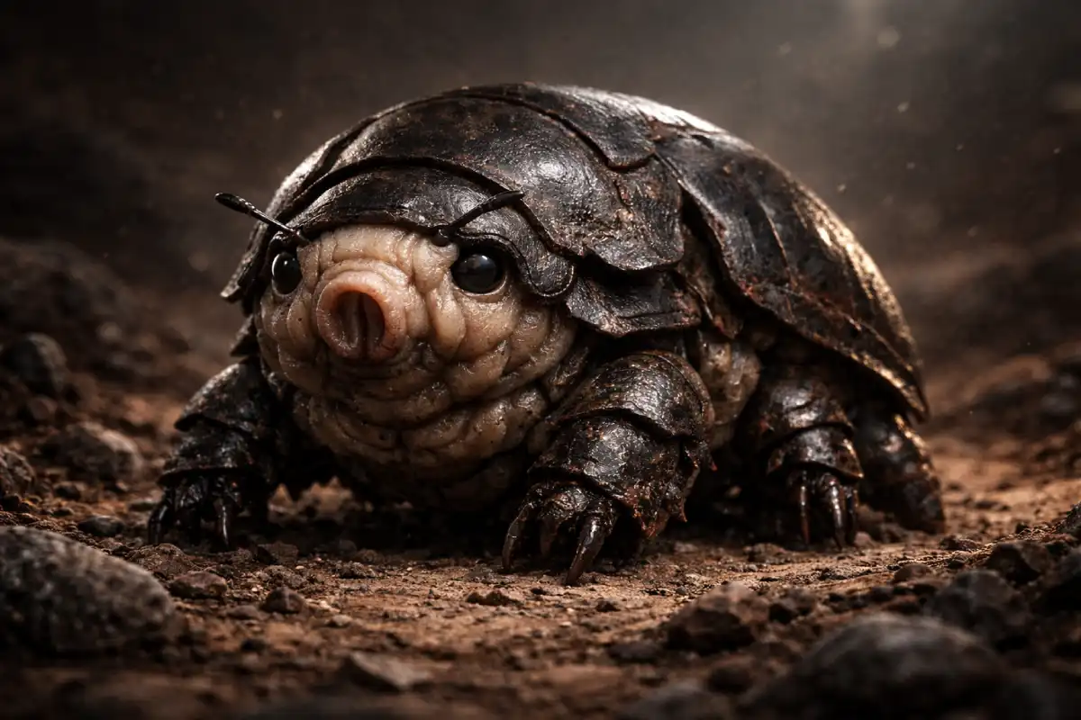 An imagined hybrid creature inspired by a tardigrade and a dung beetle